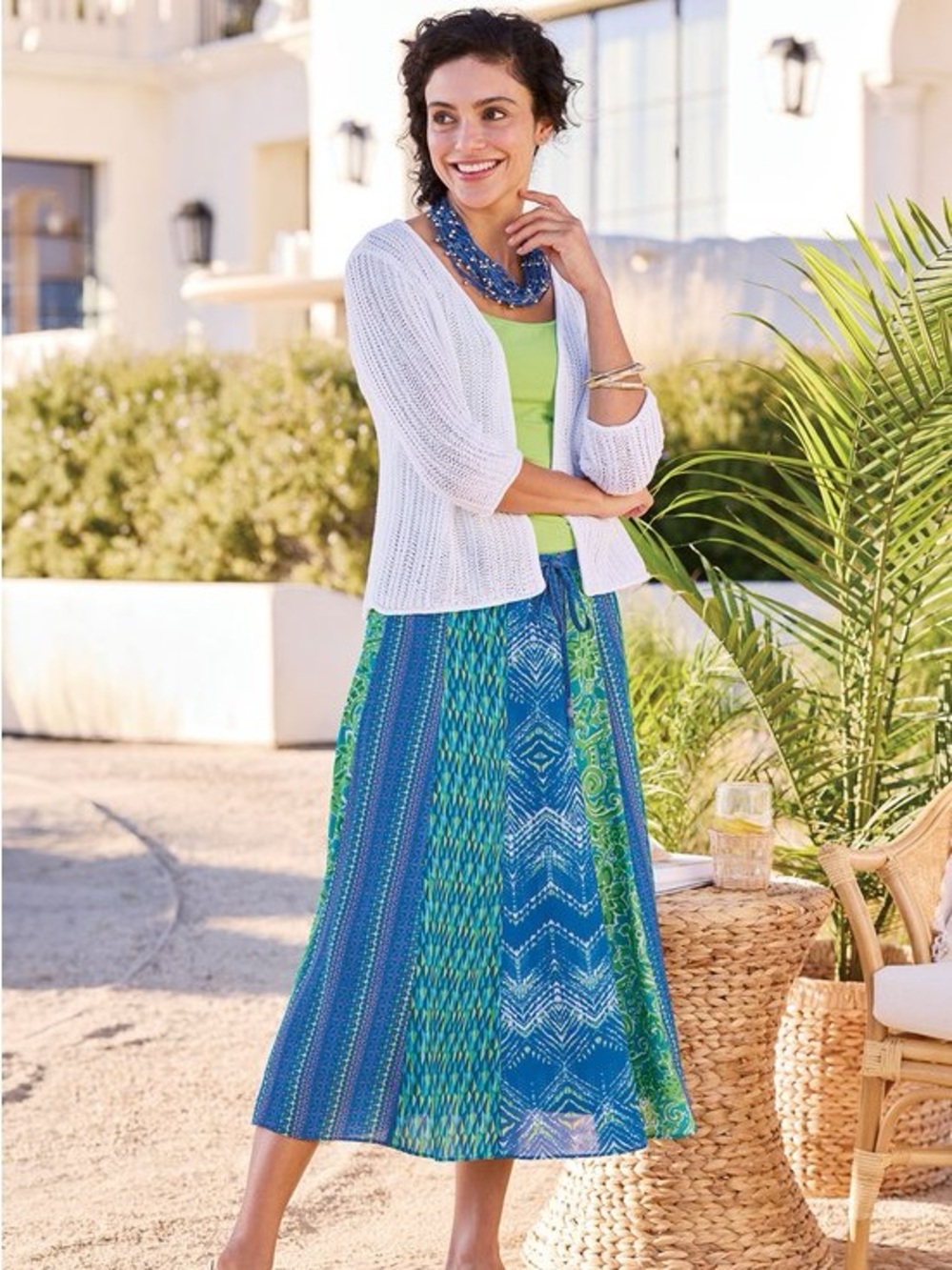 NWT Soft Surroundings Pull on Midi Skirt, Sz S, Blue/Green